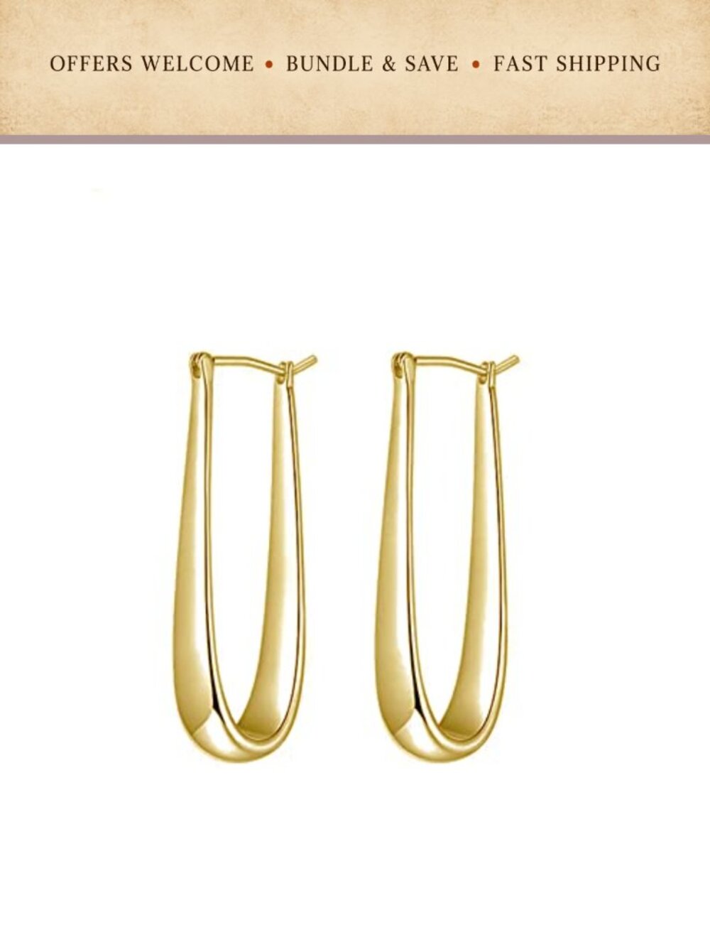 14K Gold Plated 35mm Geometric U Shaped Hoop Earrings Hypoallergenic Click Top